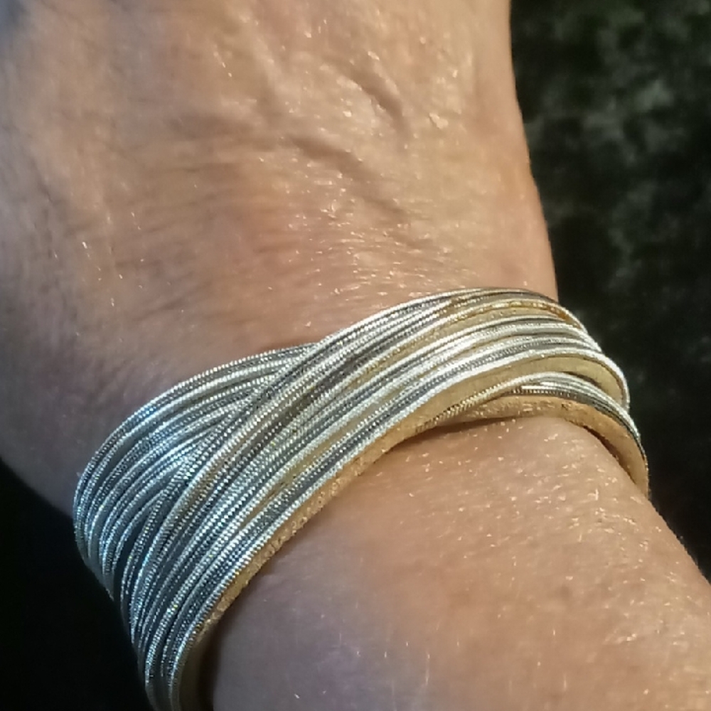 Elegant Silver Snake Chain & Leather Magnetic Clasp Women's Bracelet Like New